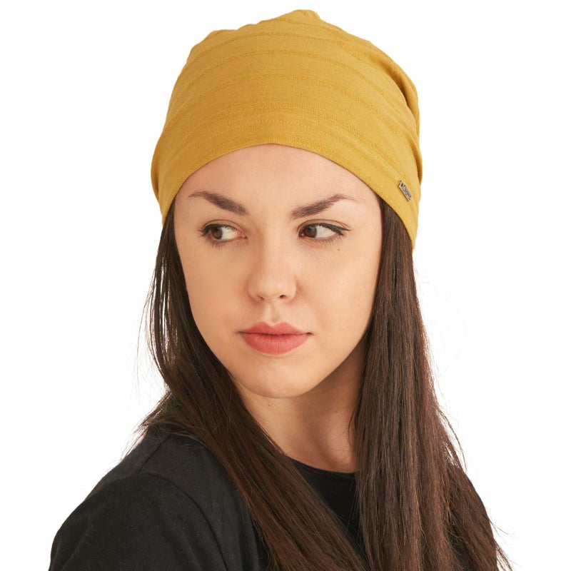 CHARM Womens Light Weight Summer Beanie - Mens Slouchy Beanie Hat Stretchy Slouch Knit Cap 100% Cotton Chemo Hat Mustard M - Image 1